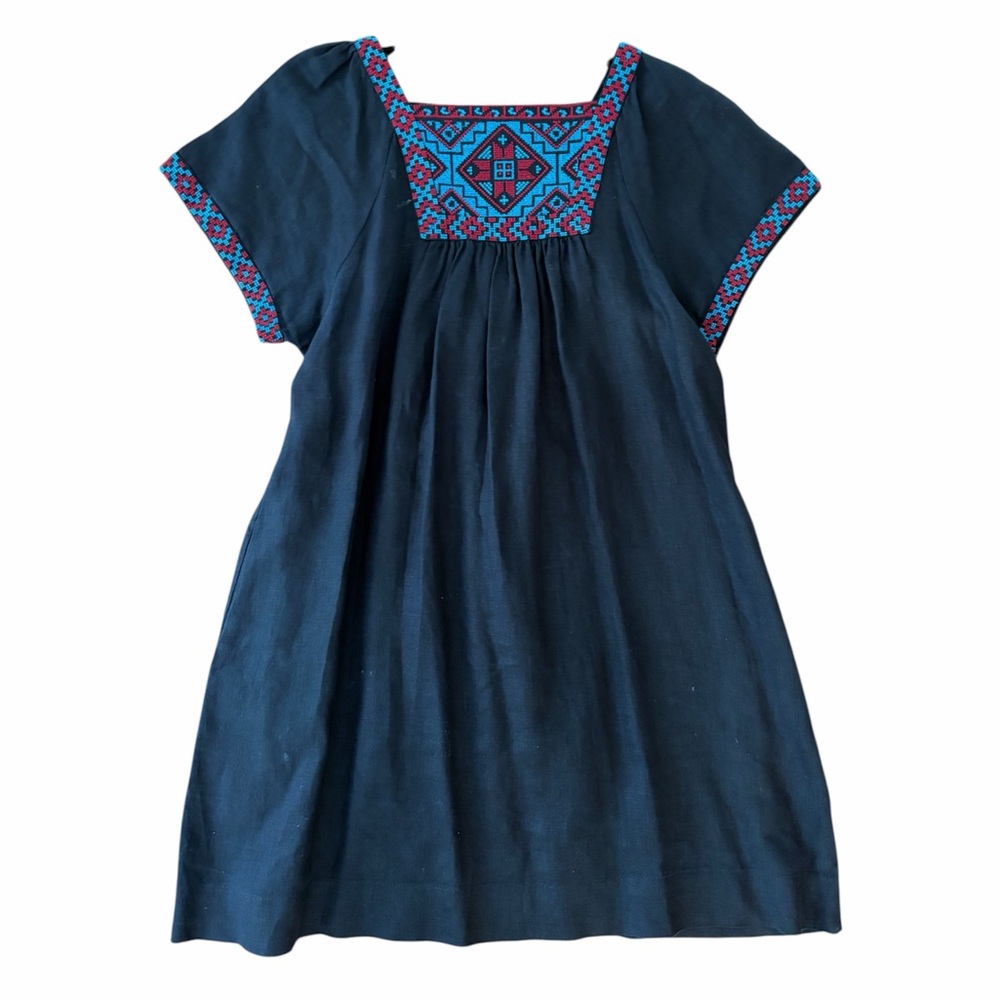 Black linen Madewell short sleeve shift dress with pockets and embroidery detail